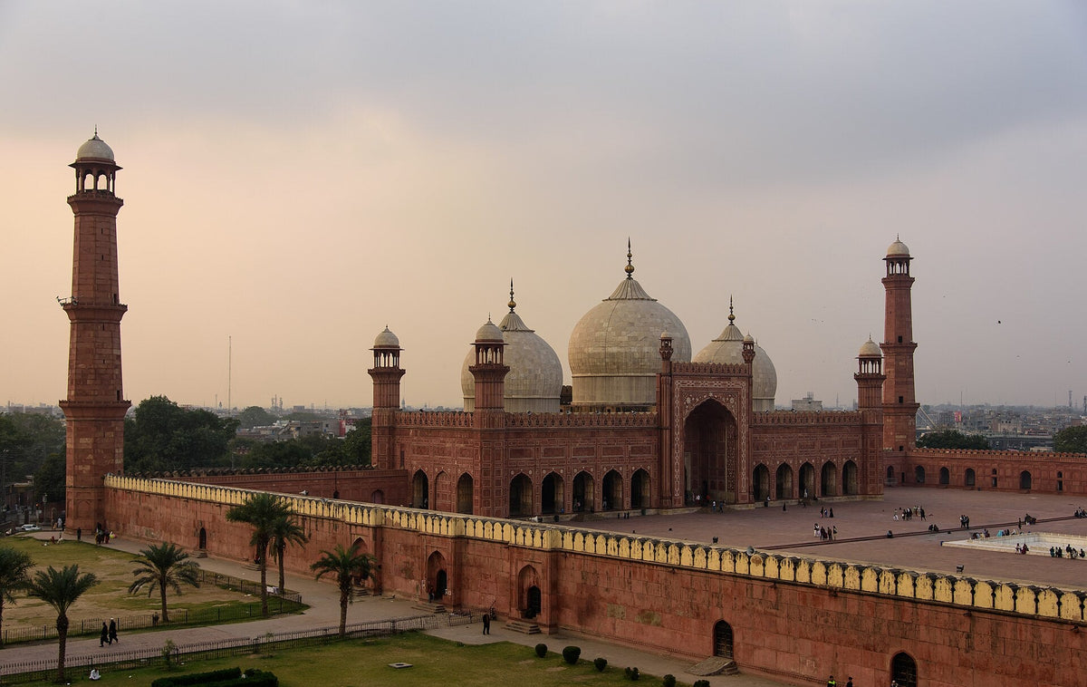 Badshahi Mosque in Lahore, Pakistan, with its red sandstone walls and white marble domes