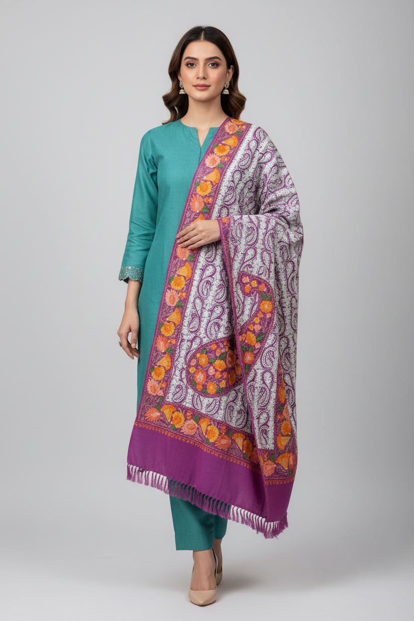 Woolen Kashmiri Stole All Over Embroidery