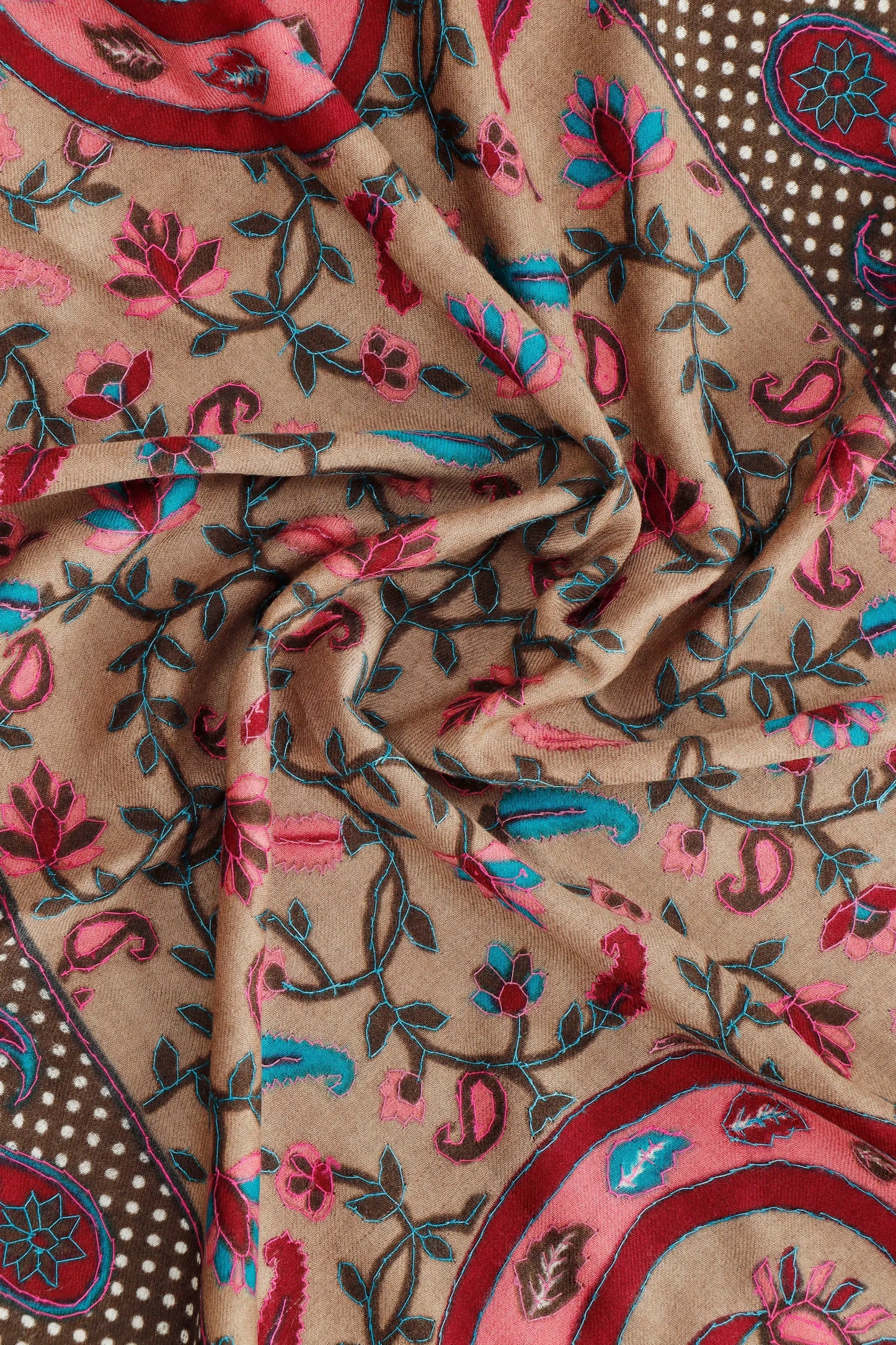 Kalamkar Sozni Stole hand-painted with Sozni embroidery, draped view