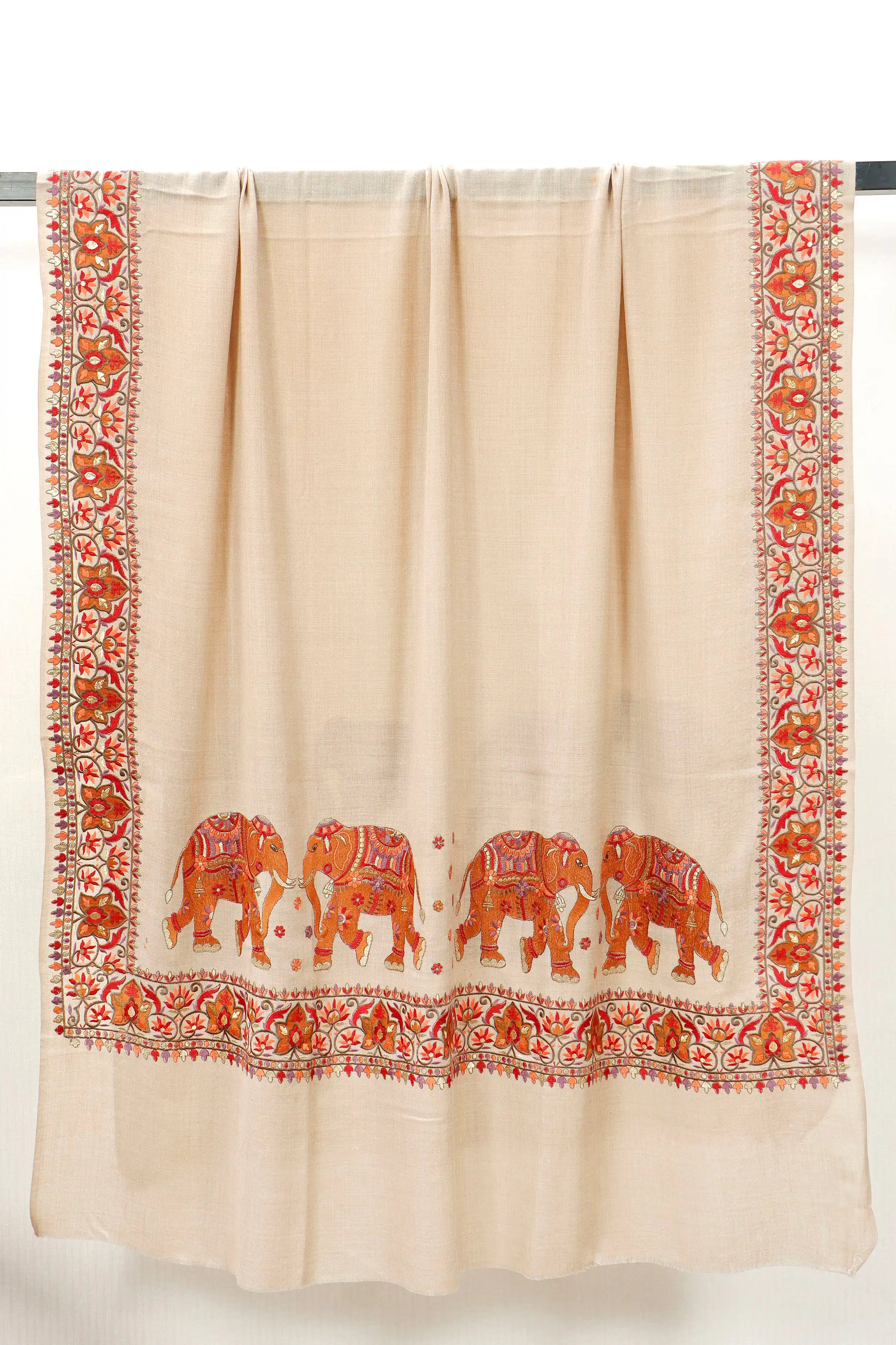 Pashmina Shawl with Tilla Embroidery – Beige, Elephant Motif