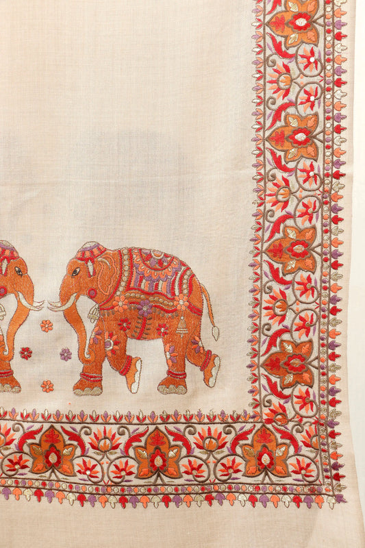 Pashmina Shawl with Tilla Embroidery – Beige, Elephant Motif