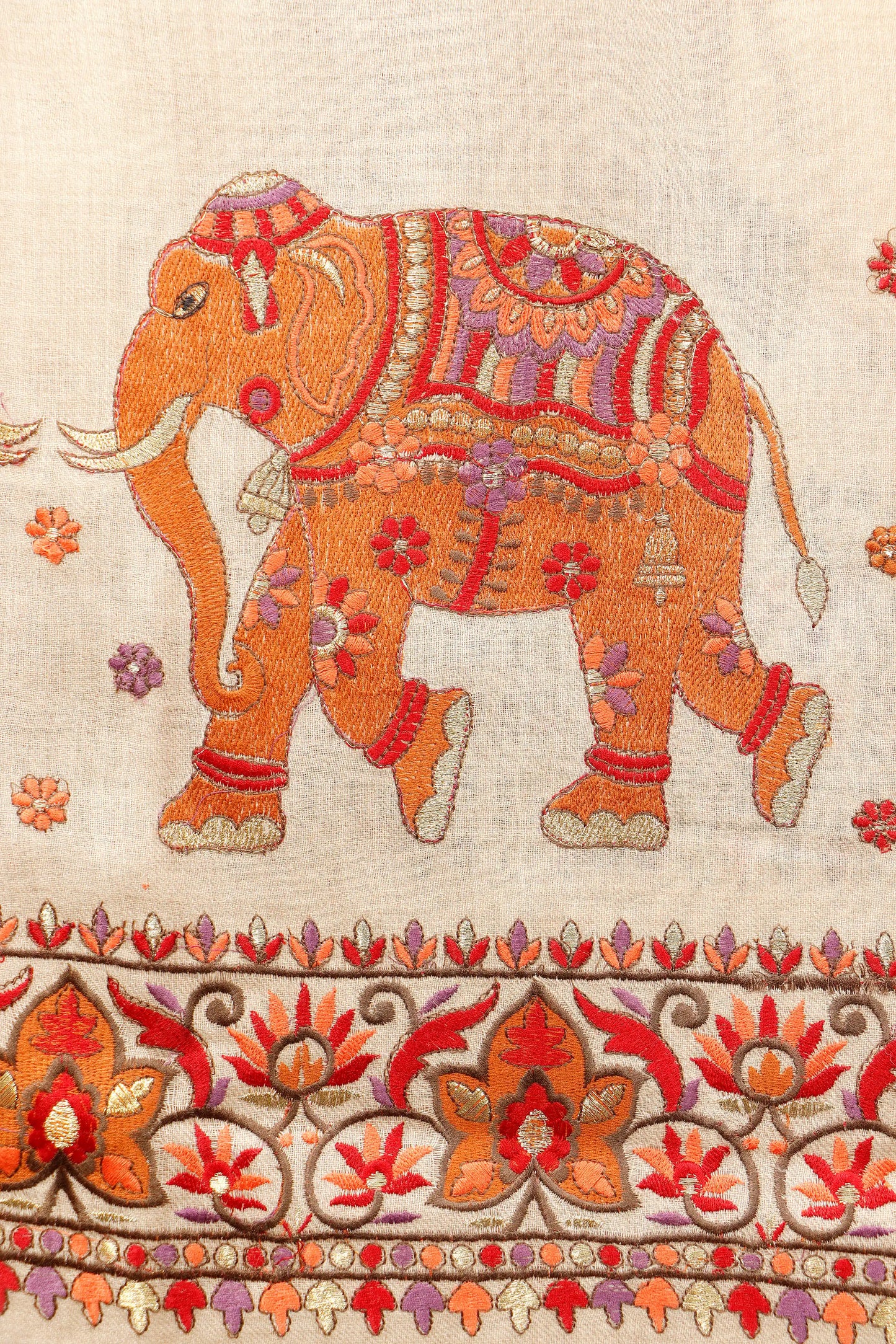 Pashmina Shawl with Tilla Embroidery – Beige, Elephant Motif