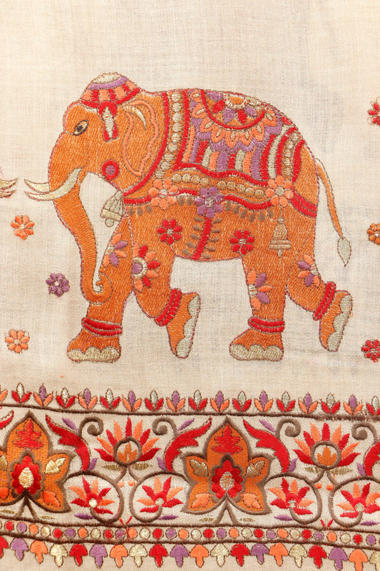 Pashmina Shawl with Tilla Embroidery – Beige, Elephant Motif