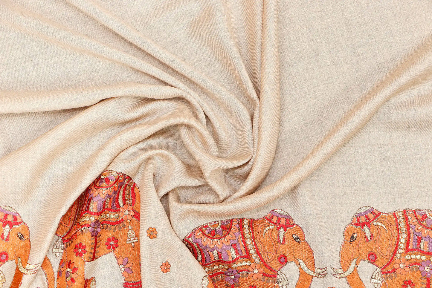 Pashmina Shawl with Tilla Embroidery – Beige, Elephant Motif
