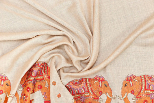 Pashmina Shawl with Tilla Embroidery – Beige, Elephant Motif