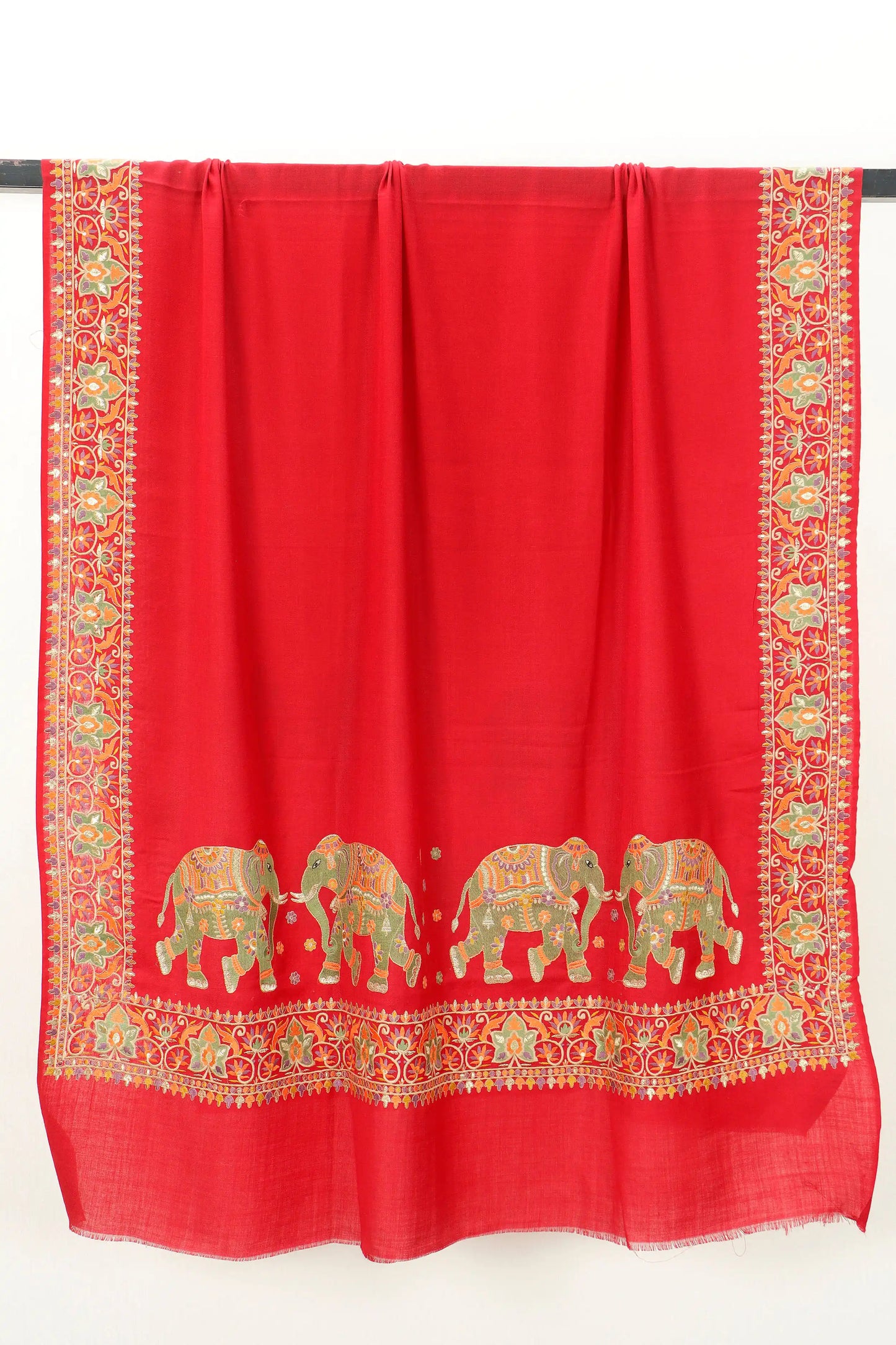 Pashmina Shawl with Tilla Embroidery – Red, Elephant Motif