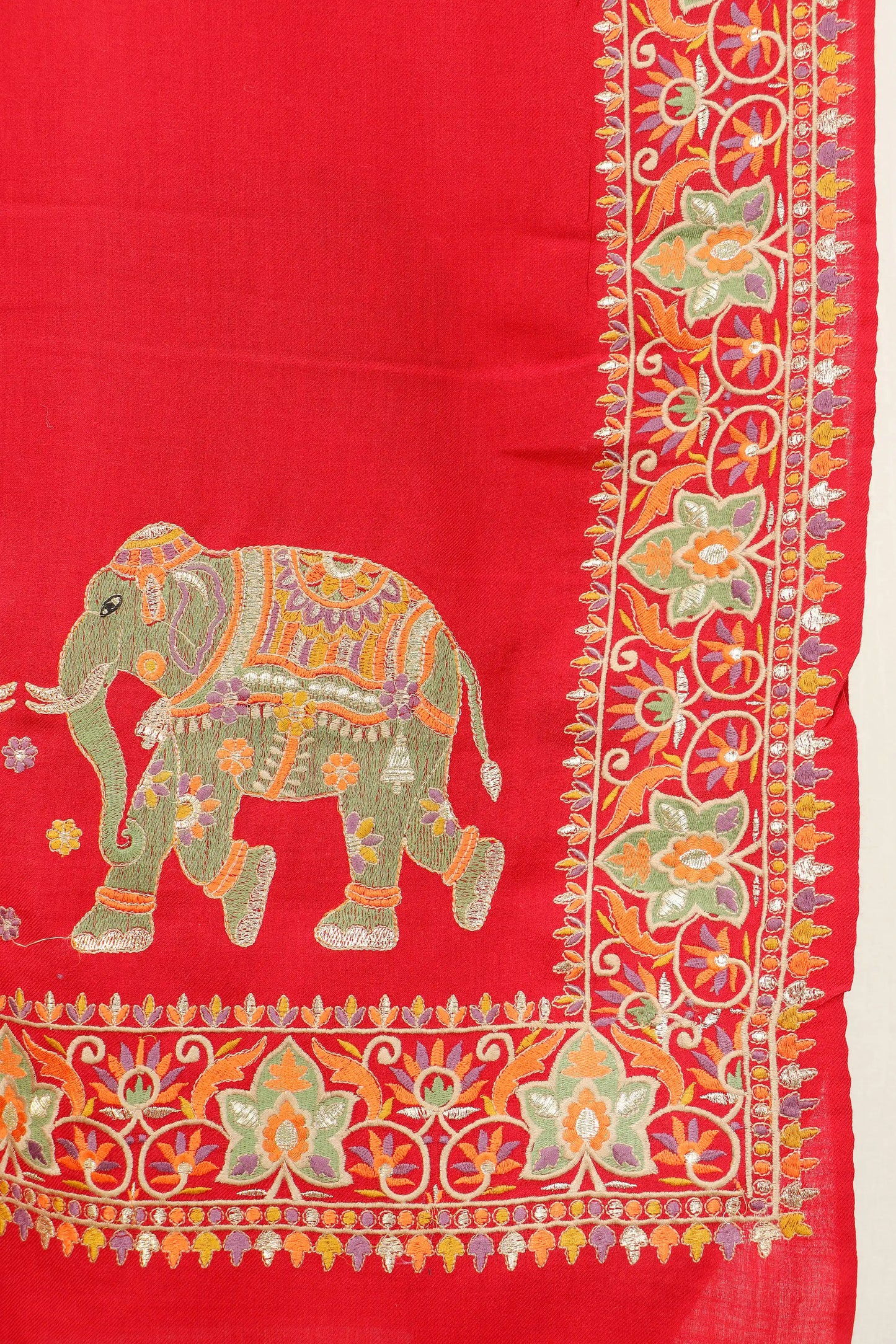 Pashmina Shawl with Tilla Embroidery – Red, Elephant Motif