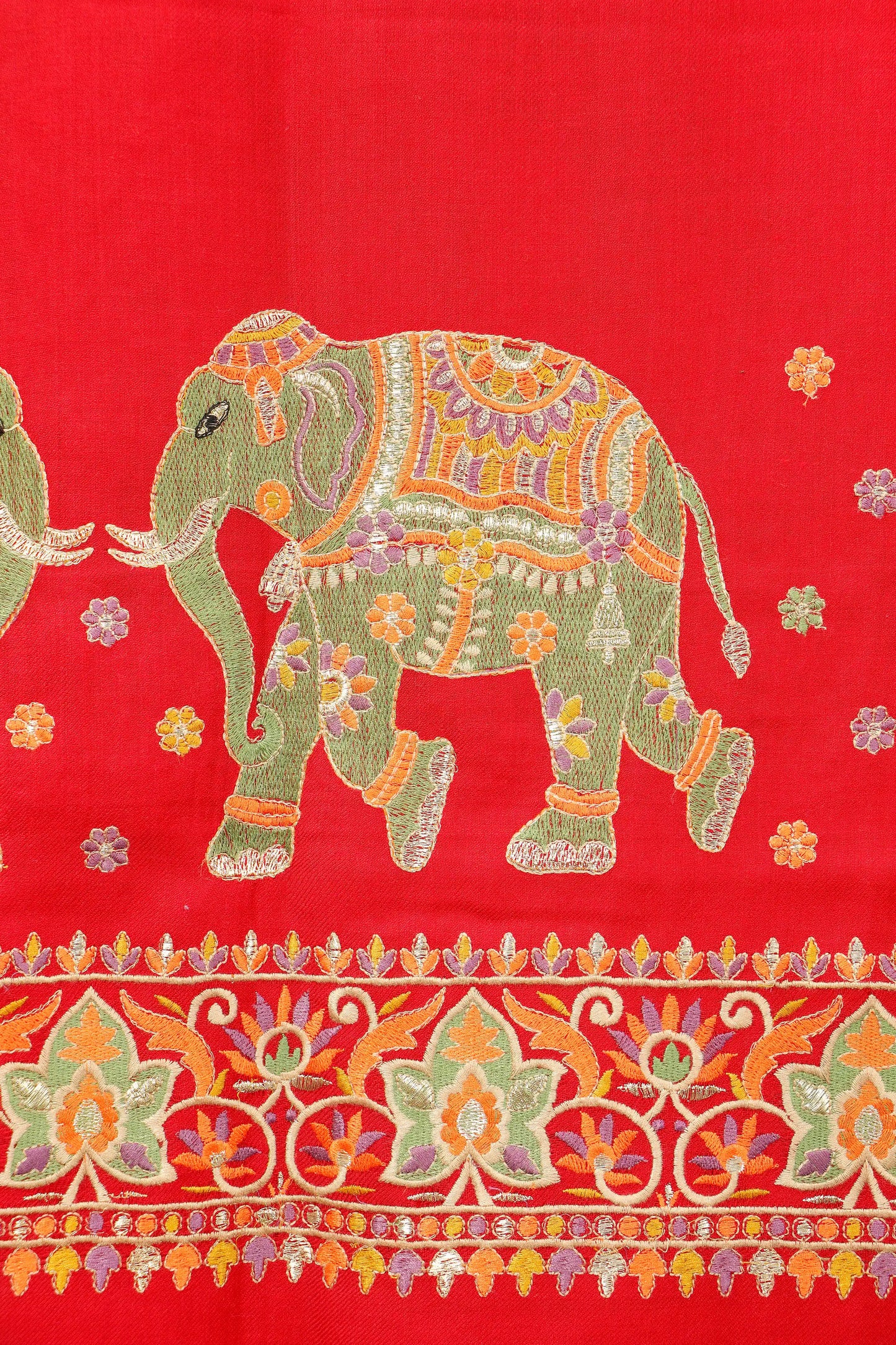 Pashmina Shawl with Tilla Embroidery – Red, Elephant Motif