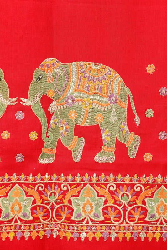 Pashmina Shawl with Tilla Embroidery – Red, Elephant Motif