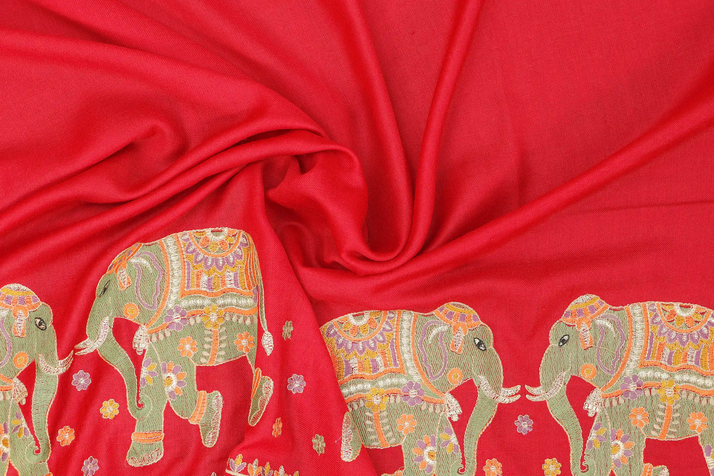 Pashmina Shawl with Tilla Embroidery – Red, Elephant Motif