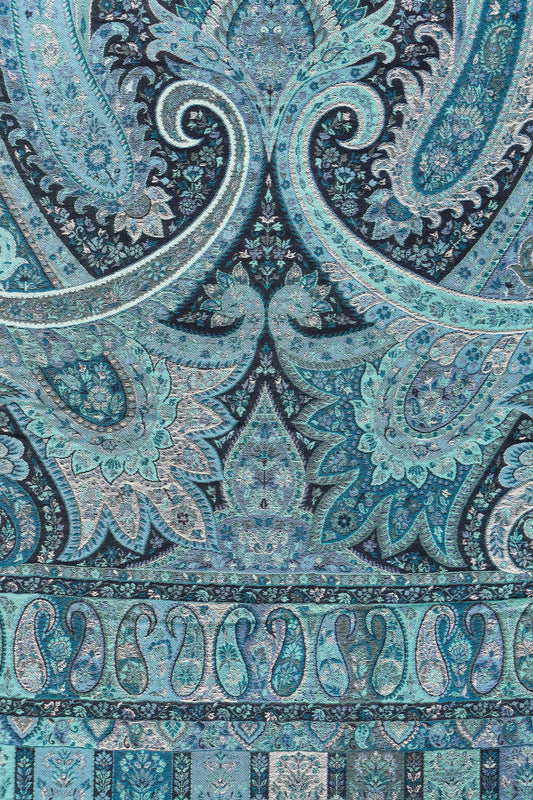 Kani Zari Shawl Kashmiri wool heritage shawl with zari work, draped view