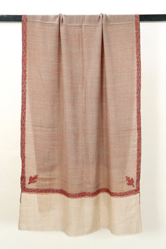 Kashmiri Textured Border Stole – Soft Beige