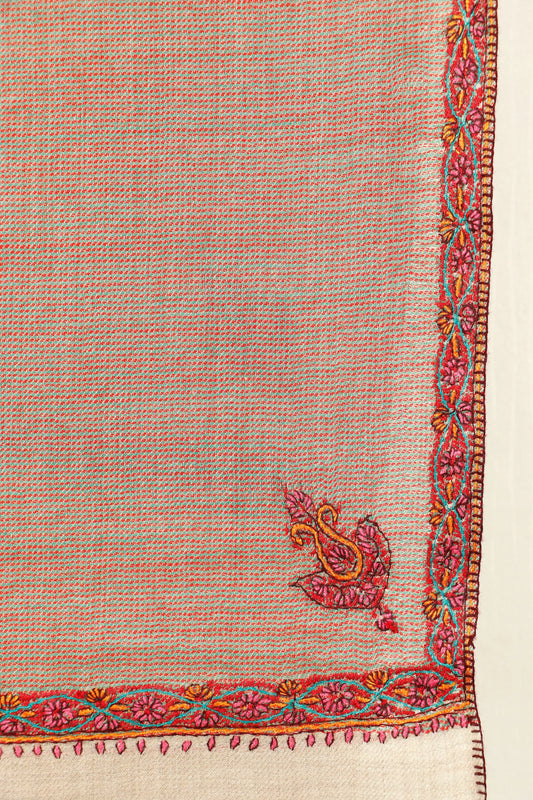 Kashmiri Textured Border Stole – Soft Beige
