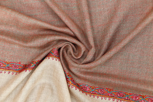 Kashmiri Textured Border Stole – Soft Beige