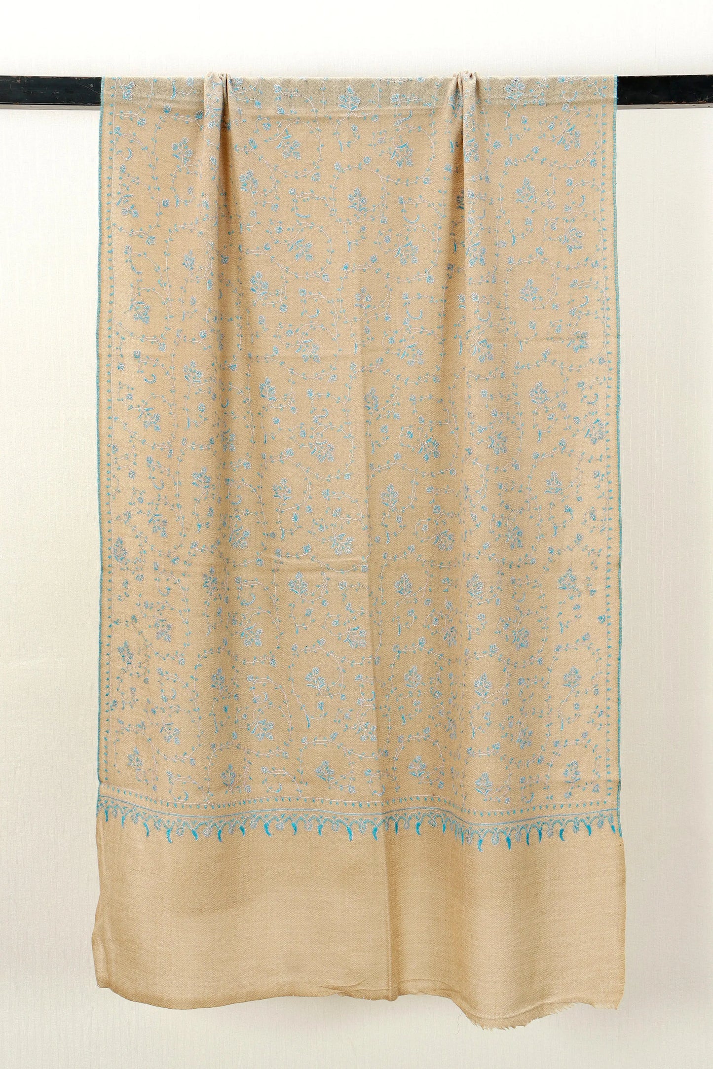 Kashmiri Aari Embroidered Stole – Beige & Turquoise