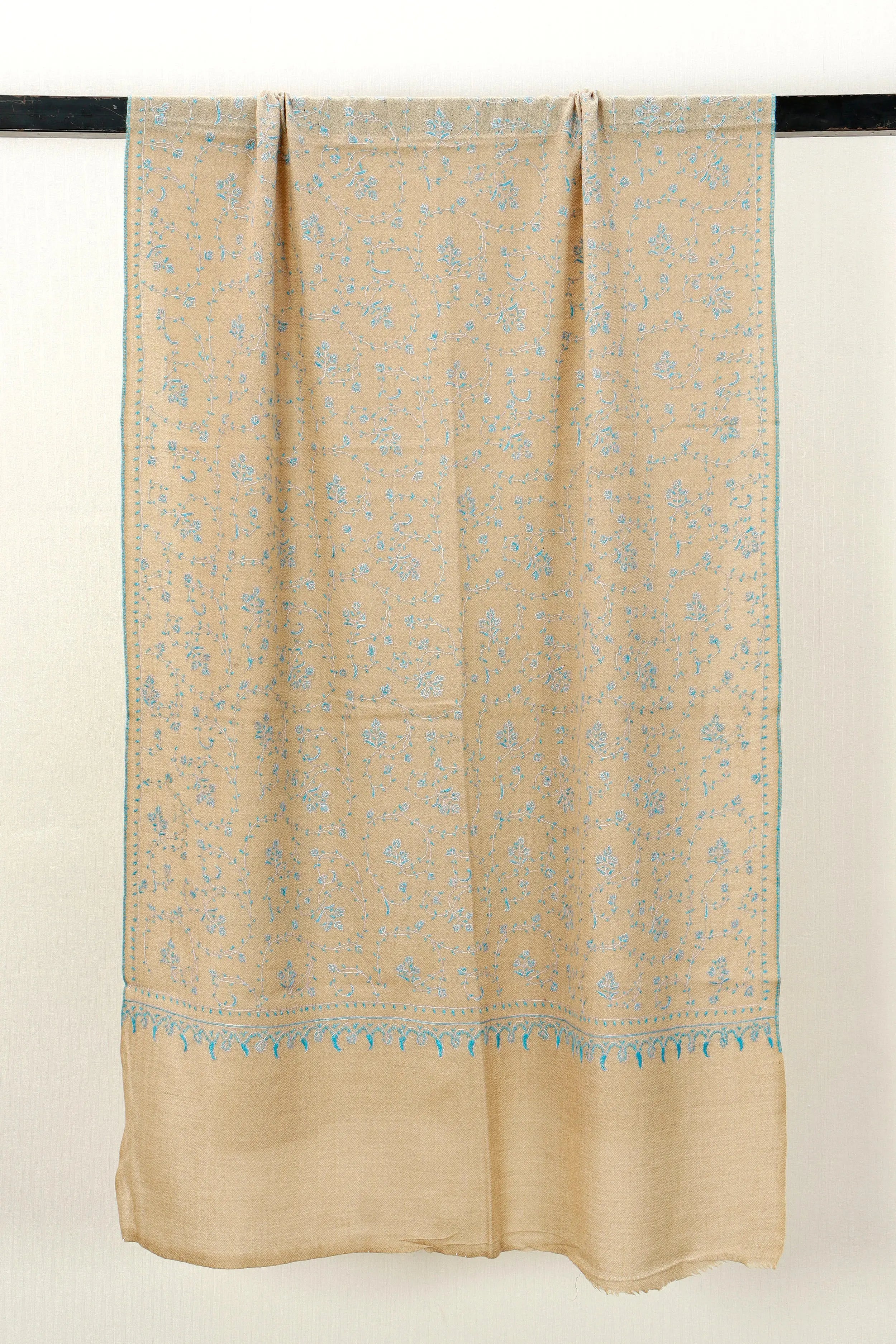 Kashmiri Aari Embroidered Stole – Beige & Turquoise