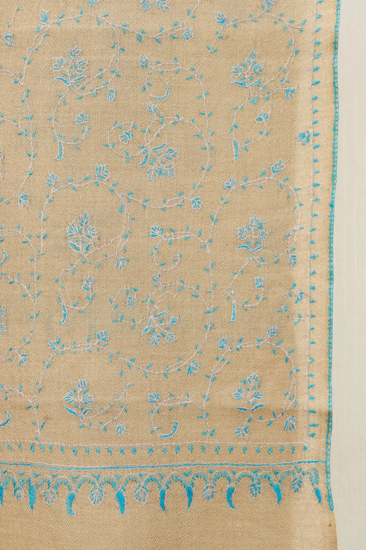 Kashmiri Aari Embroidered Stole – Beige & Turquoise