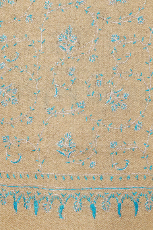 Kashmiri Aari Embroidered Stole – Beige & Turquoise
