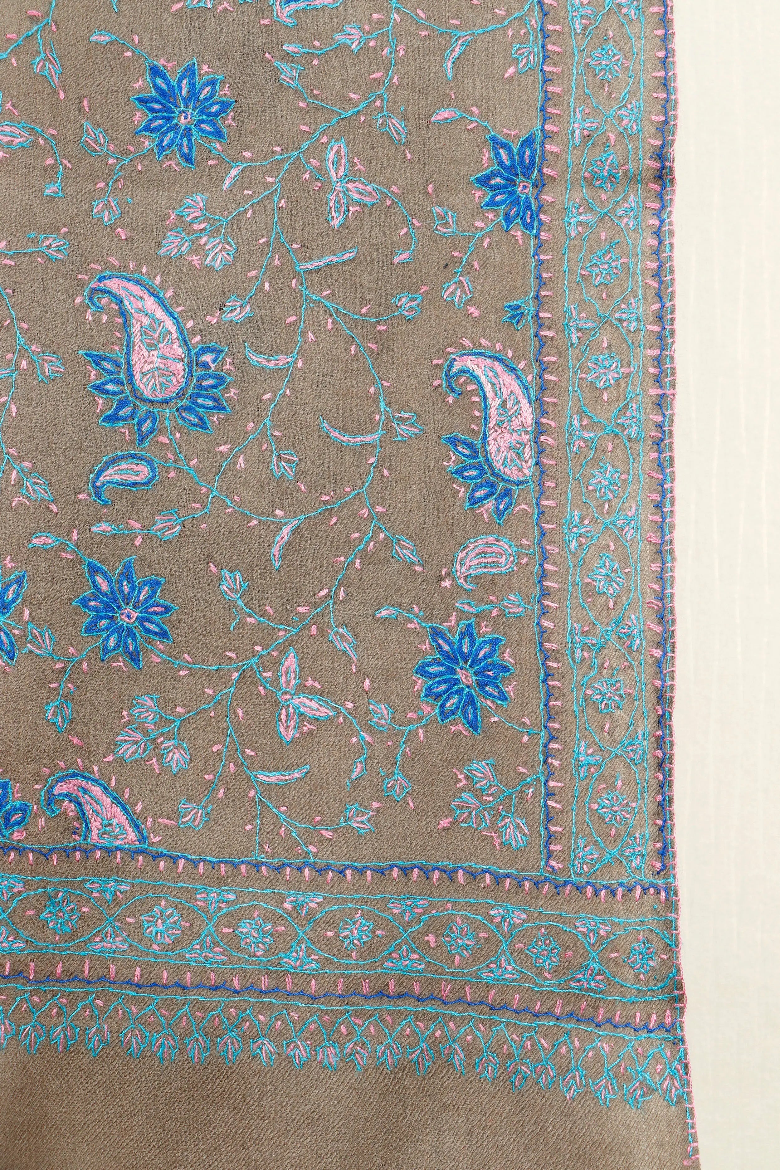 Kashmiri Aari Embroidered Stole – Taupe Brown