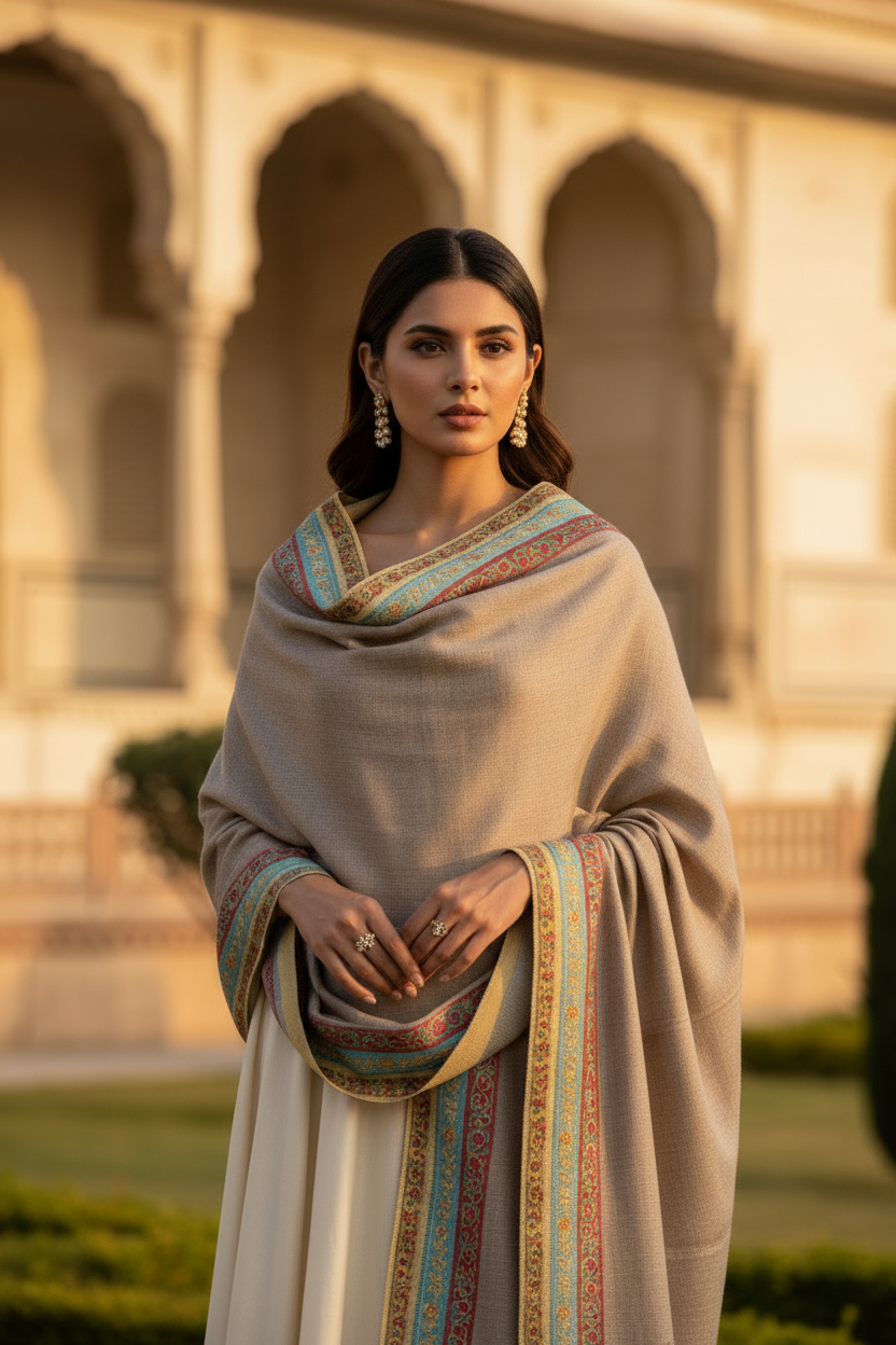 Toosh Pashmina Border Shawl – Premium Grade, 45 x 90 inches